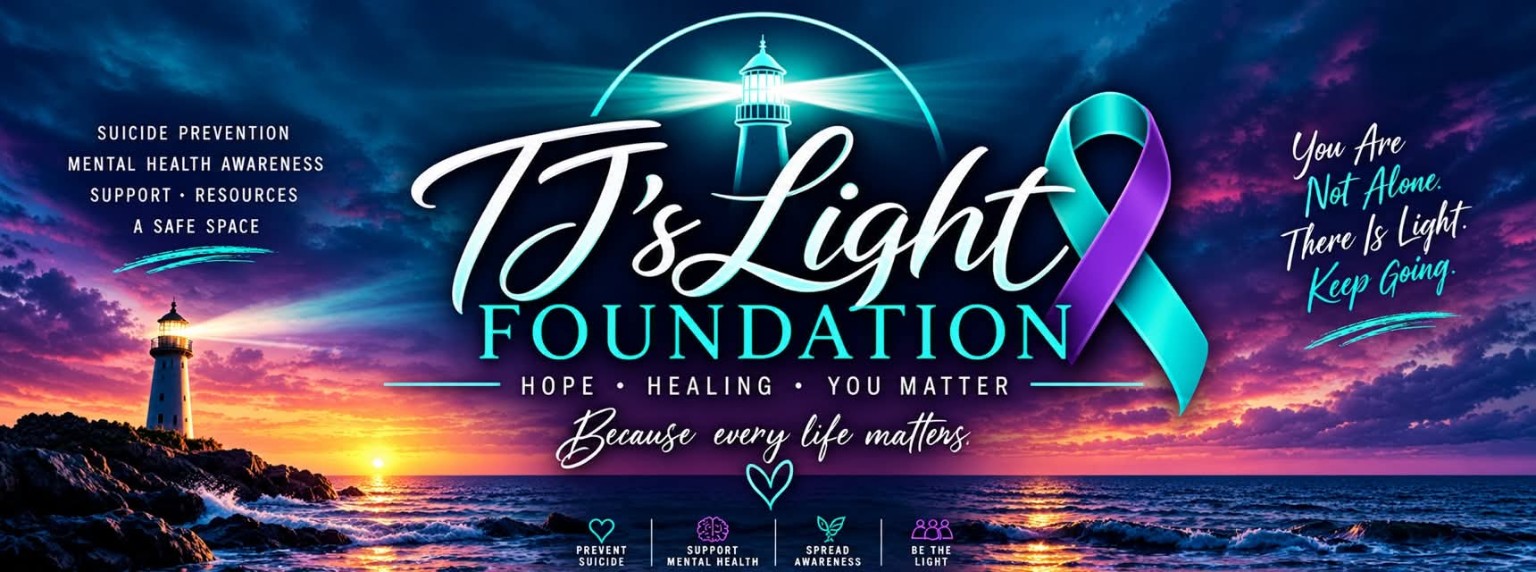 TJ's Light Foundation banner: a lighthouse beaming turquoise light over a sunset ocean beside a teal and purple awareness ribbon. The artwork carries the words 'Suicide prevention, mental health awareness, support, resources, a safe space', 'You are not alone. There is light. Keep going.', 'Hope. Healing. You matter.', and 'Because every life matters.'