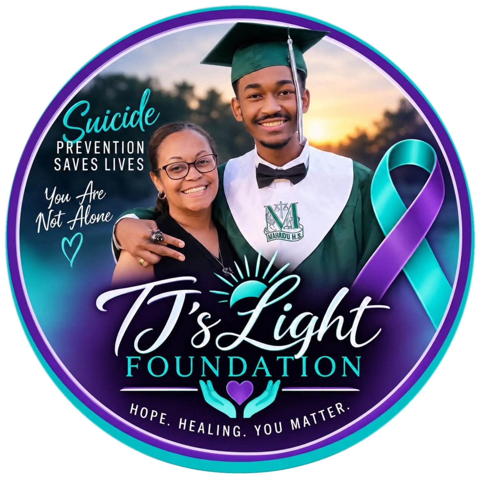 TJ in his green graduation cap and gown, his arm around his mother, both smiling. They appear inside a circular TJ's Light Foundation badge with a teal and purple awareness ribbon and the words 'Suicide Prevention Saves Lives', 'You Are Not Alone', and 'Hope. Healing. You Matter.'