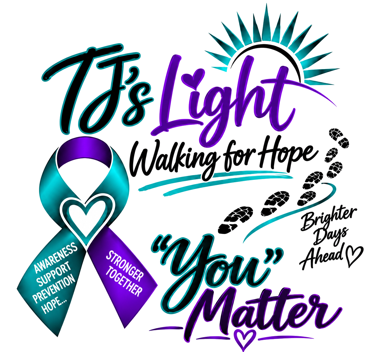 TJ's Light Walking for Hope logo — a teal and purple awareness ribbon with a heart, footprints, a sunrise, and the words 'You Matter' and 'Brighter Days Ahead'